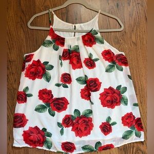 DNA Couture Rose Print Halter Tank Top - White/Red – Size Medium